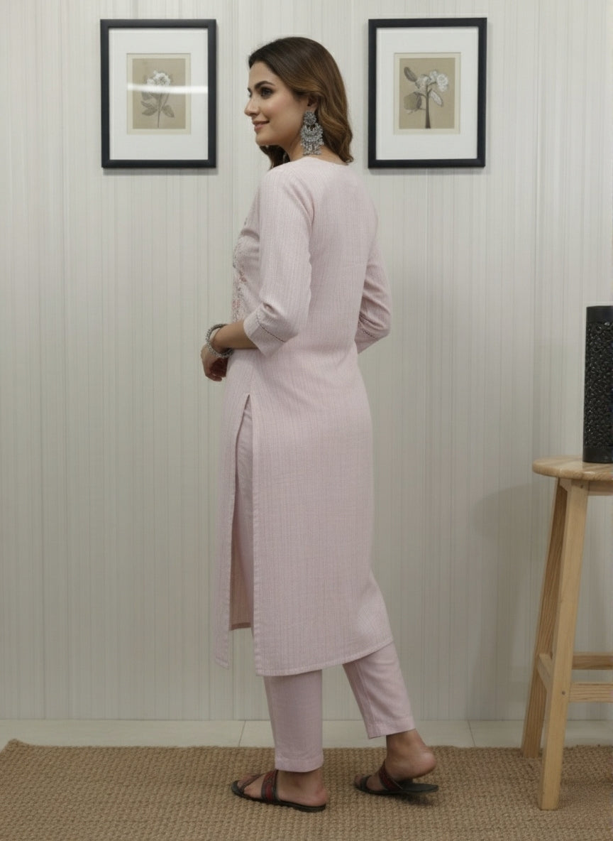 Blush Pink Kurta with Intricate Navy Blue Mirror Work