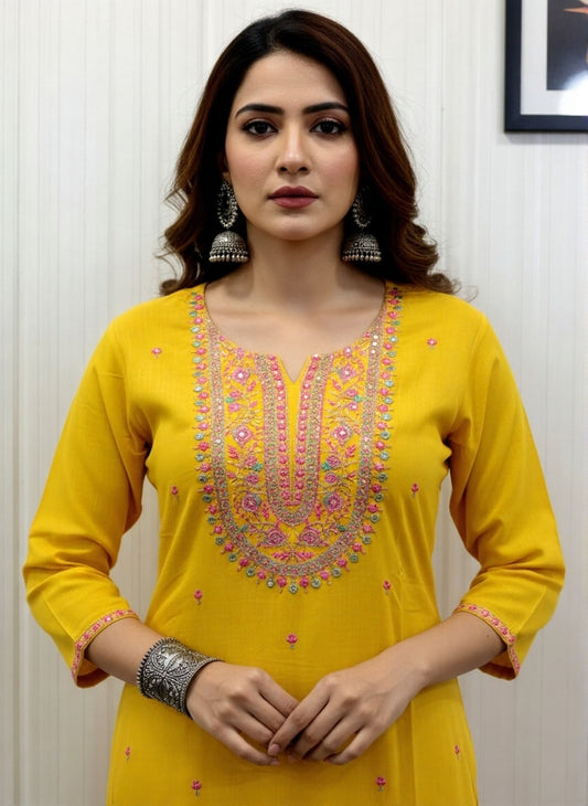 Radiant Yellow Kurta with Multi-Color Thread Yoke Embroidery