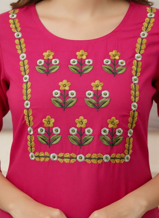 Vibrant Pink Kurta with Bright Floral Yoke Embroidery.