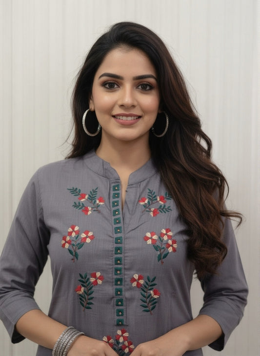 Sophisticated Grey Kurta with Floral Embroidered Stand Collar