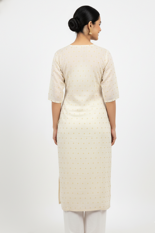 Elegant Cream & Gold Zari Dot Cotton Straight Kurti