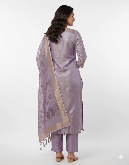 Sublime Lilac Silk Blend Suit Set with Gold Zari Weave & Floral Dupatta