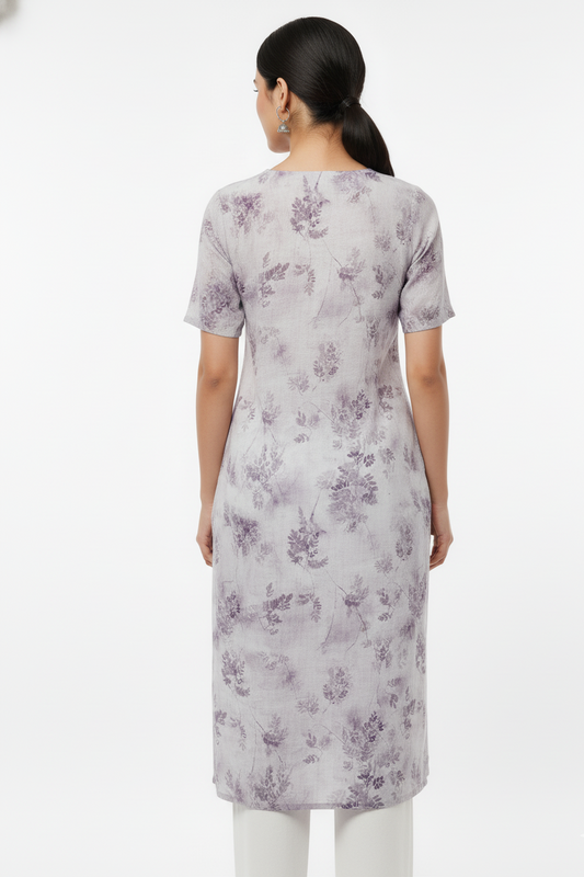 Misty Mauve & Lavender Floral Printed Cotton-Linen Straight Kurti