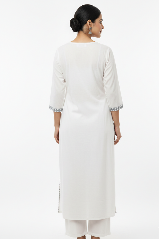 Pristine White Embroidered Yoke Anarkali Style Cotton Kurti