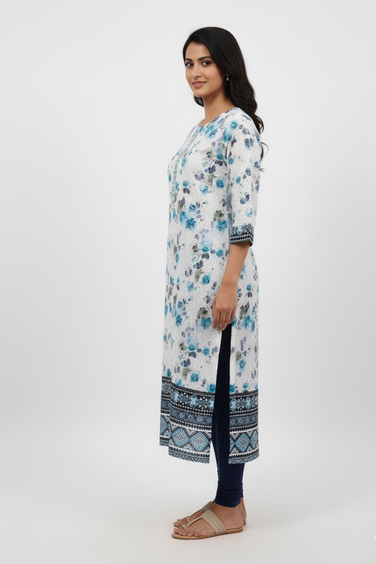 Serene Blue Floral & Geometric Print Cotton Kurta