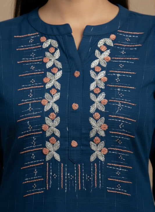 Elegant Blue Kurta Woven Checks and Embroidered Yoke
