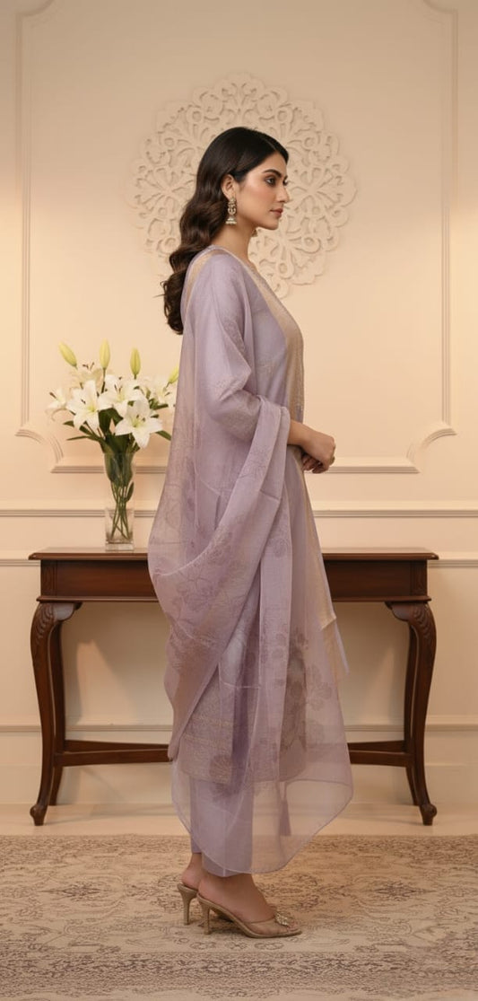 Lilac Silk Blend Kurta Set with Embroidered Yoke