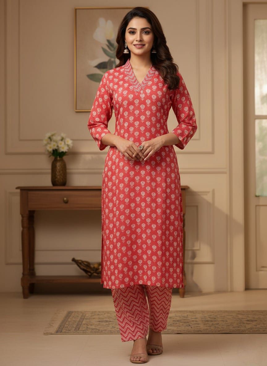 Coral Red Floral Print Cotton Kurta Set