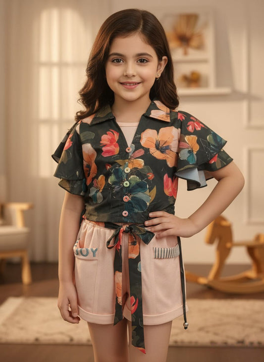 Girls' Vibrant Floral Crop Top & Pink Tie-Waist Shorts Set