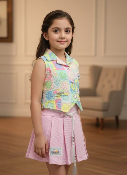 Girls' Designer Maroon Shorts and White Patterned Vest Set