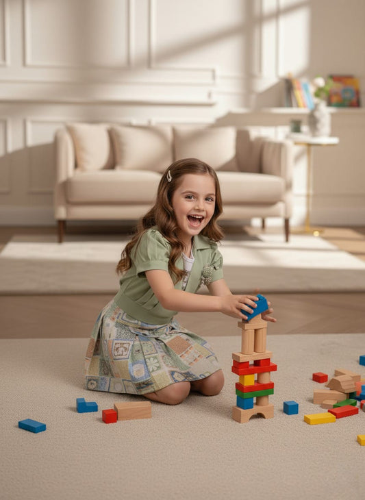 Girls Green Patchwork Skirt Outfit