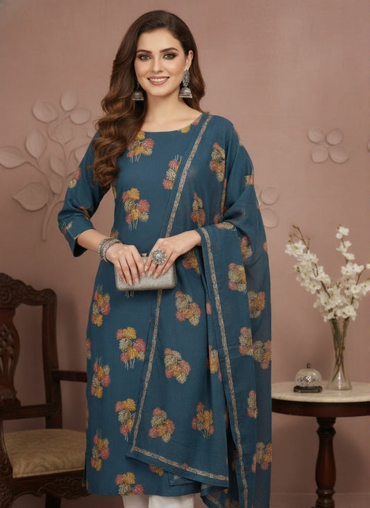 Deep Teal Blue Floral Print Kurti