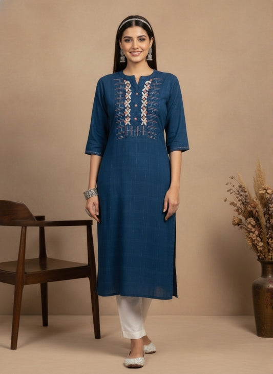 Elegant Blue Kurta Woven Checks and Embroidered Yoke