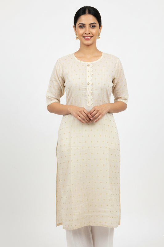 Elegant Cream & Gold Zari Dot Cotton Straight Kurti