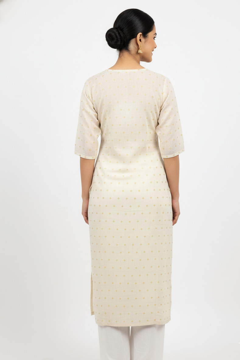 Elegant Cream & Gold Zari Dot Cotton Straight Kurti