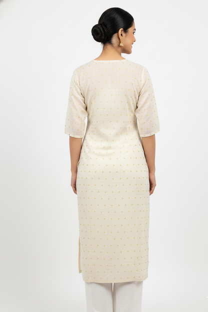 Elegant Cream & Gold Zari Dot Cotton Straight Kurti