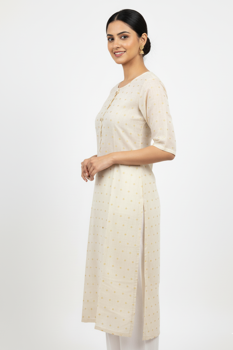 Elegant Cream & Gold Zari Dot Cotton Straight Kurti