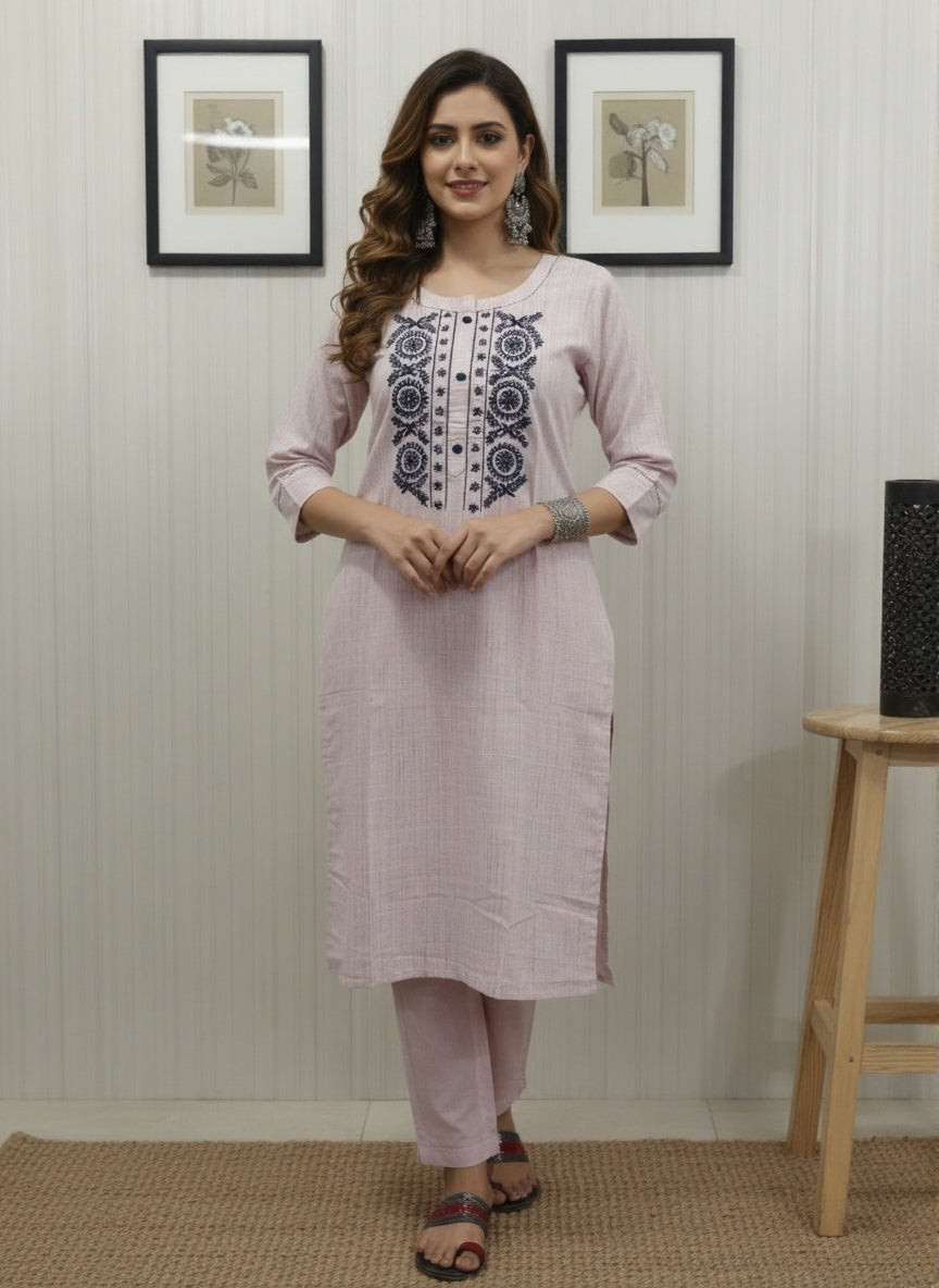 Blush Pink Kurta with Intricate Navy Blue Mirror Work