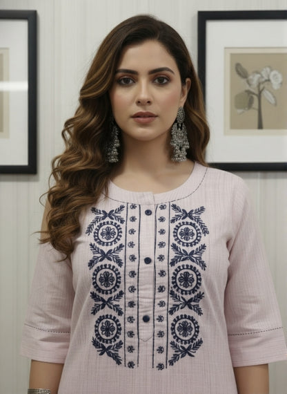 Blush Pink Kurta with Intricate Navy Blue Mirror Work
