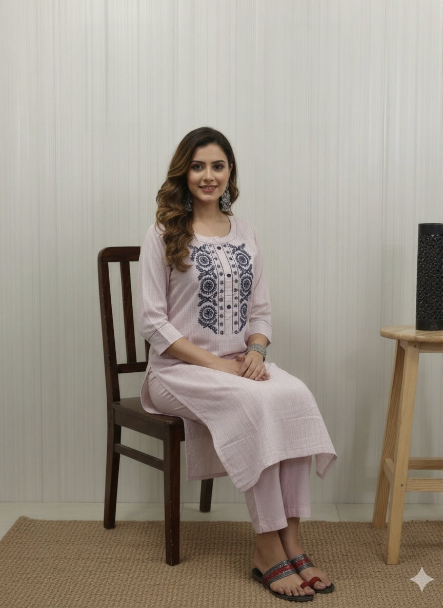 Blush Pink Kurta with Intricate Navy Blue Mirror Work
