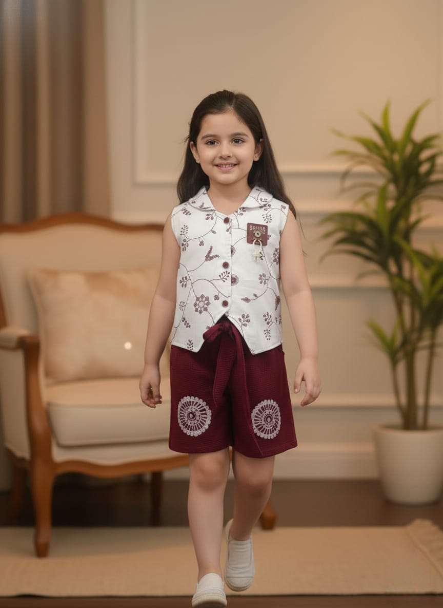 Girls' Embroidered Vest and Maroon Shorts Co-ord Set