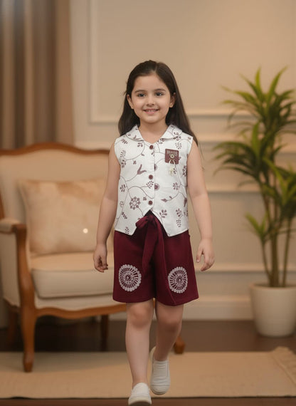Girls' Embroidered Vest and Maroon Shorts Co-ord Set