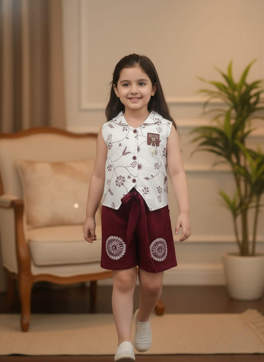 Girls' Embroidered Vest and Maroon Shorts Co-ord Set