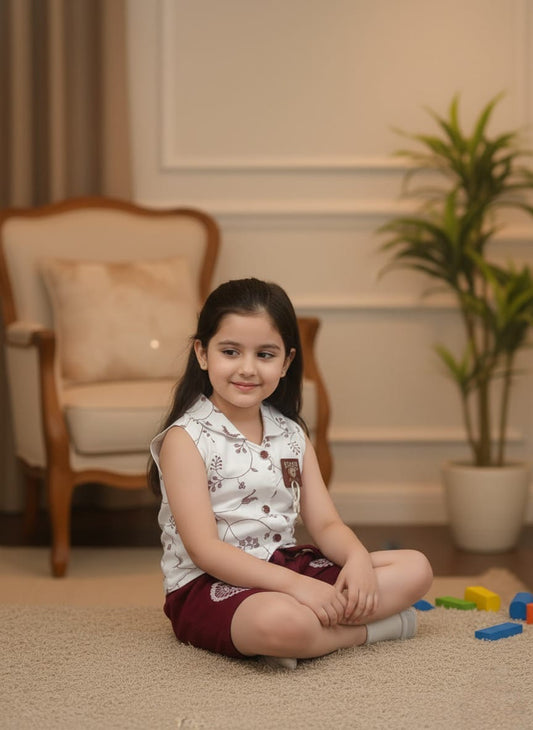 Girls' Embroidered Vest and Maroon Shorts Co-ord Set