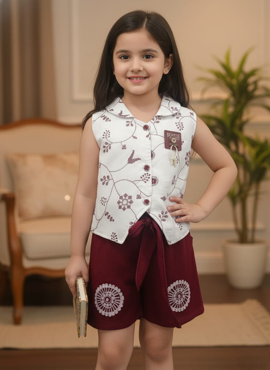 Girls' Embroidered Vest and Maroon Shorts Co-ord Set