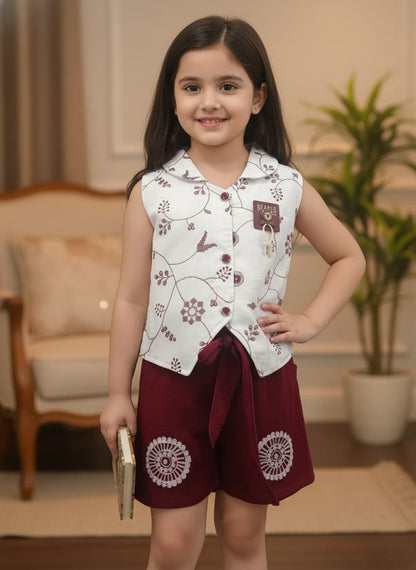Girls' Embroidered Vest and Maroon Shorts Co-ord Set