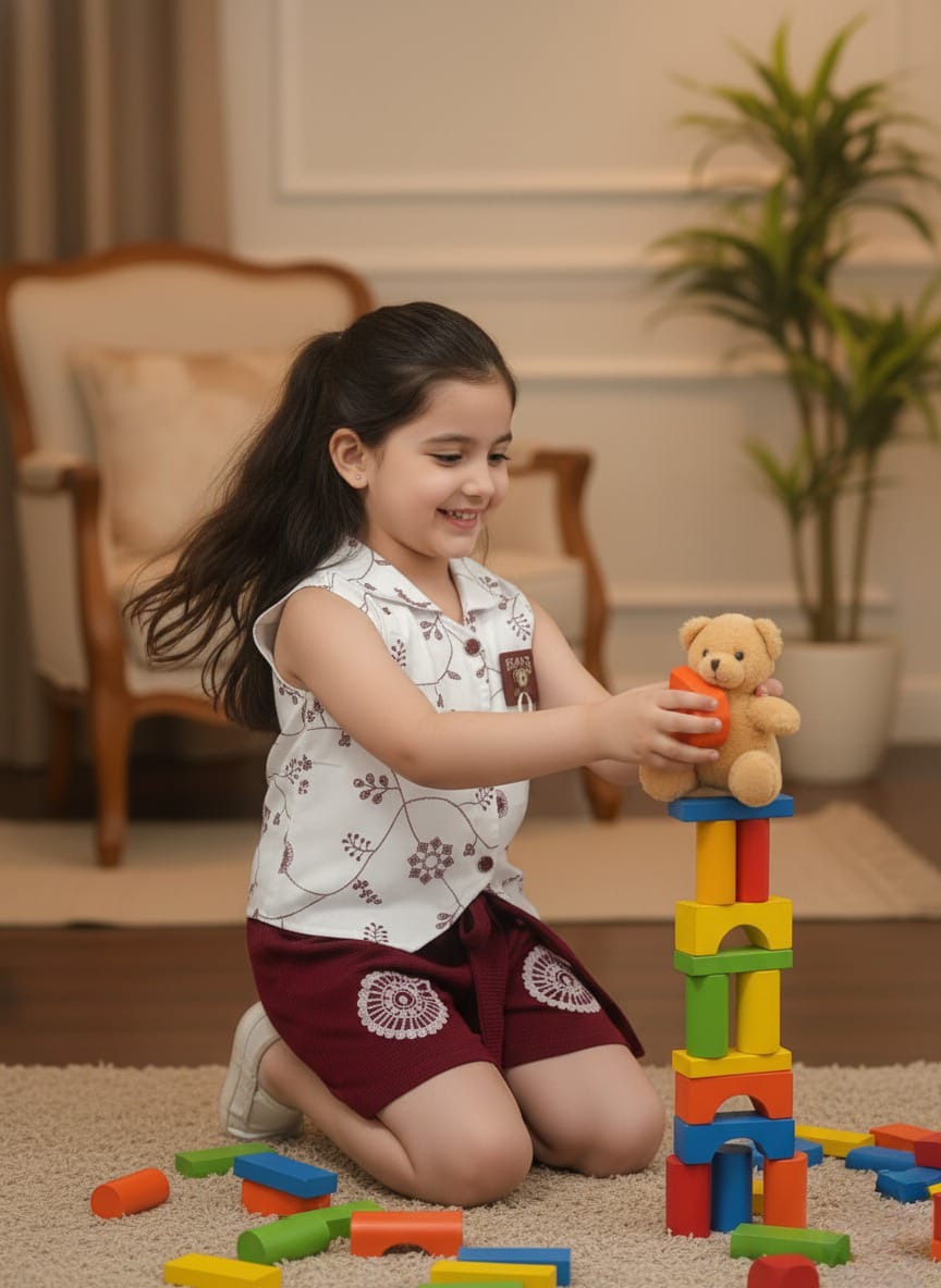 Girls' Embroidered Vest and Maroon Shorts Co-ord Set