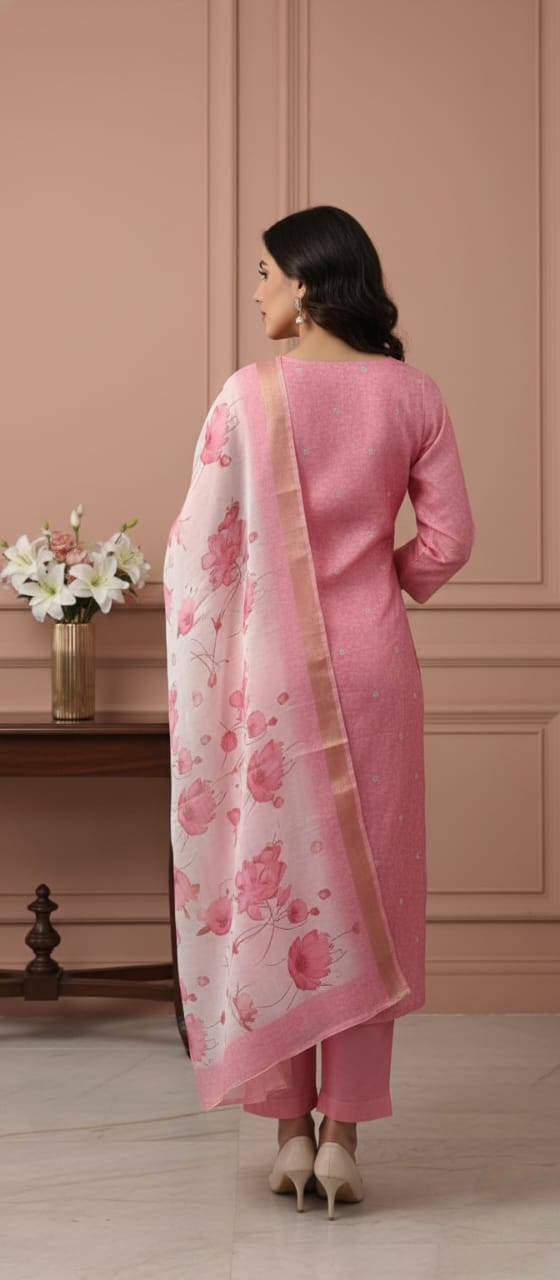 Blush Pink Chanderi Suit with Floral Dupatta