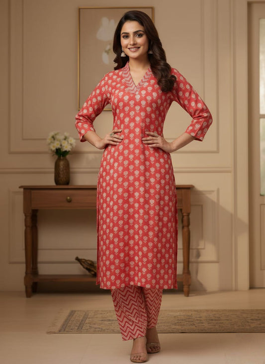 Coral Red Floral Print Cotton Kurta Set