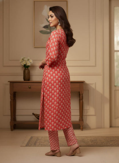 Coral Red Floral Print Cotton Kurta Set
