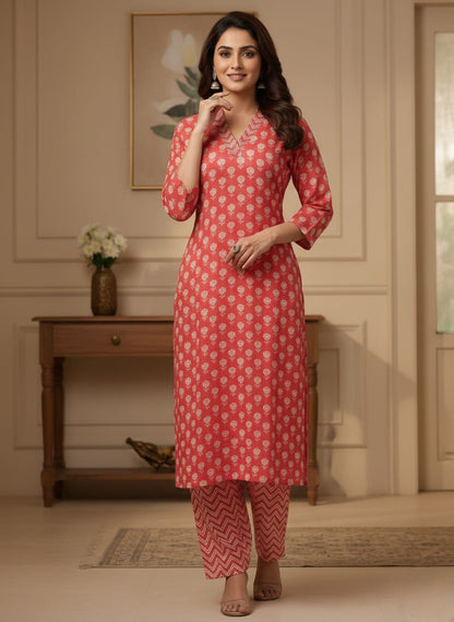 Coral Red Floral Print Cotton Kurta Set