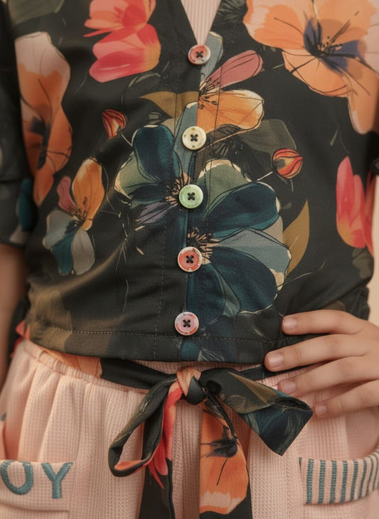 Girls' Vibrant Floral Crop Top & Pink Tie-Waist Shorts Set