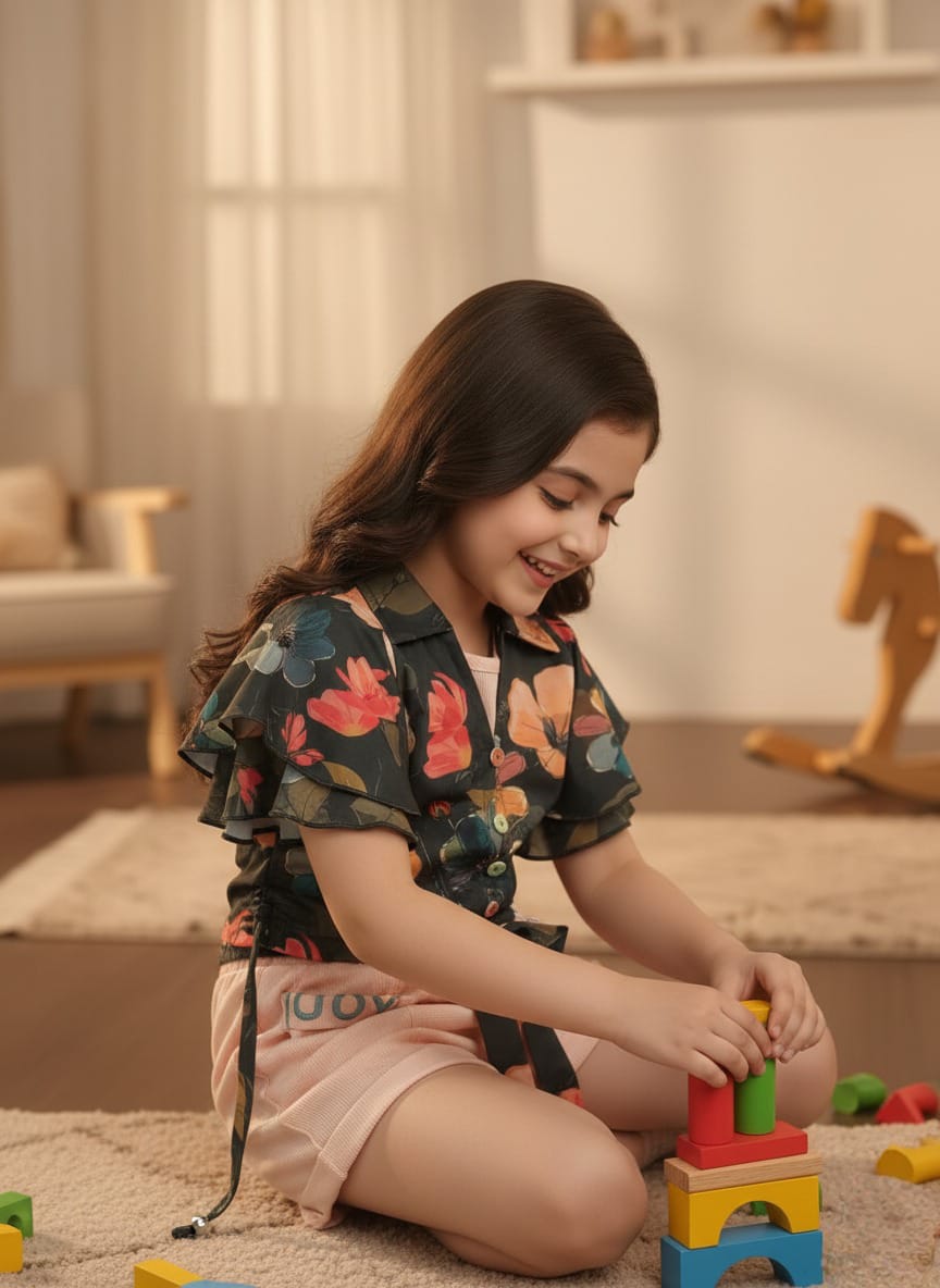 Girls' Vibrant Floral Crop Top & Pink Tie-Waist Shorts Set