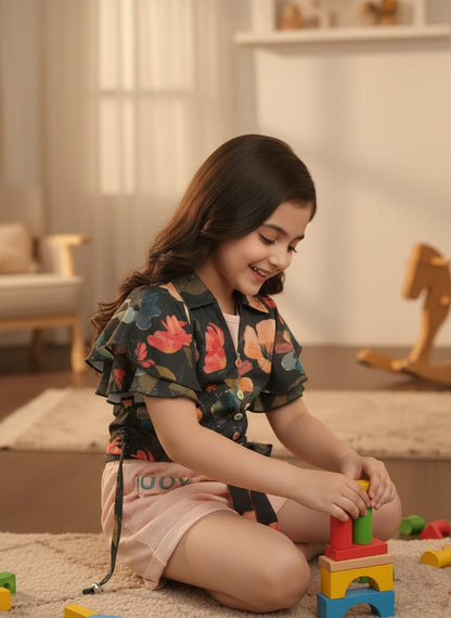 Girls' Vibrant Floral Crop Top & Pink Tie-Waist Shorts Set