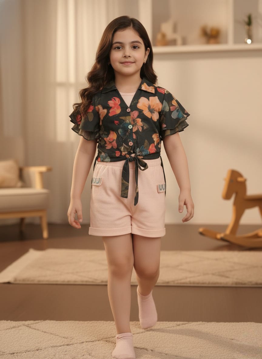 Girls' Vibrant Floral Crop Top & Pink Tie-Waist Shorts Set