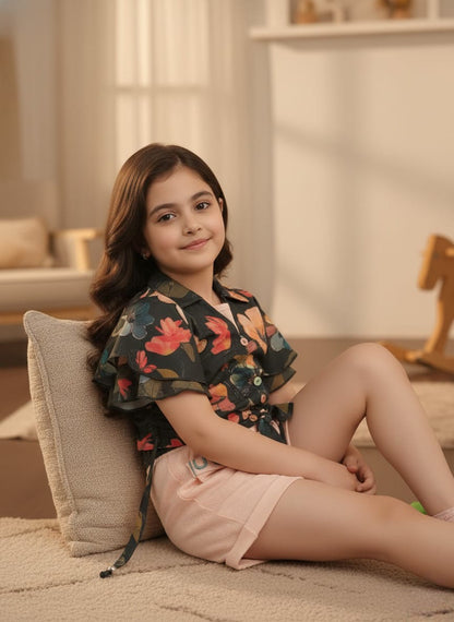 Girls' Vibrant Floral Crop Top & Pink Tie-Waist Shorts Set