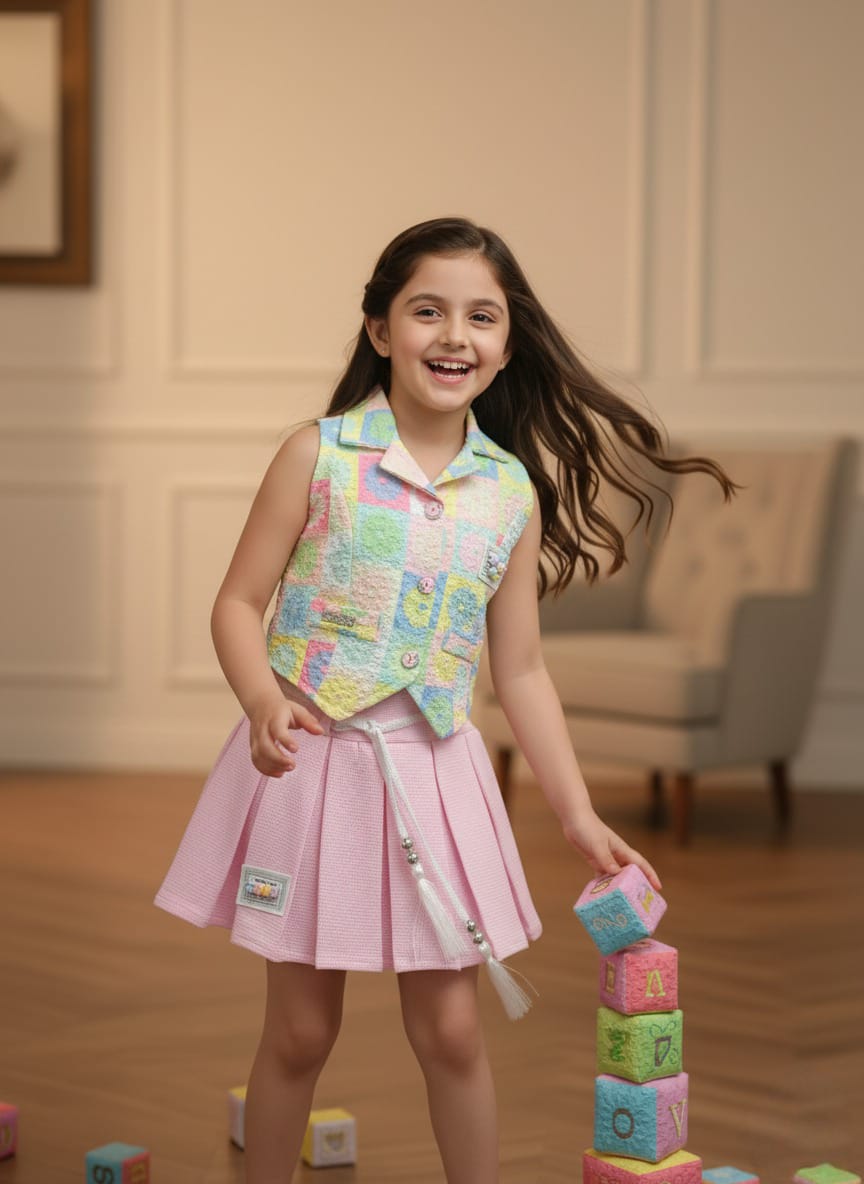 Girls' Designer Maroon Shorts and White Patterned Vest Set