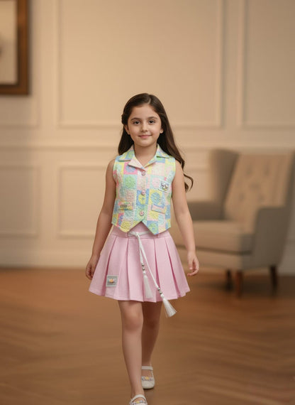 Girls' Designer Maroon Shorts and White Patterned Vest Set