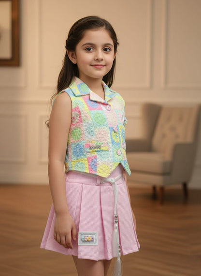 Girls' Designer Maroon Shorts and White Patterned Vest Set