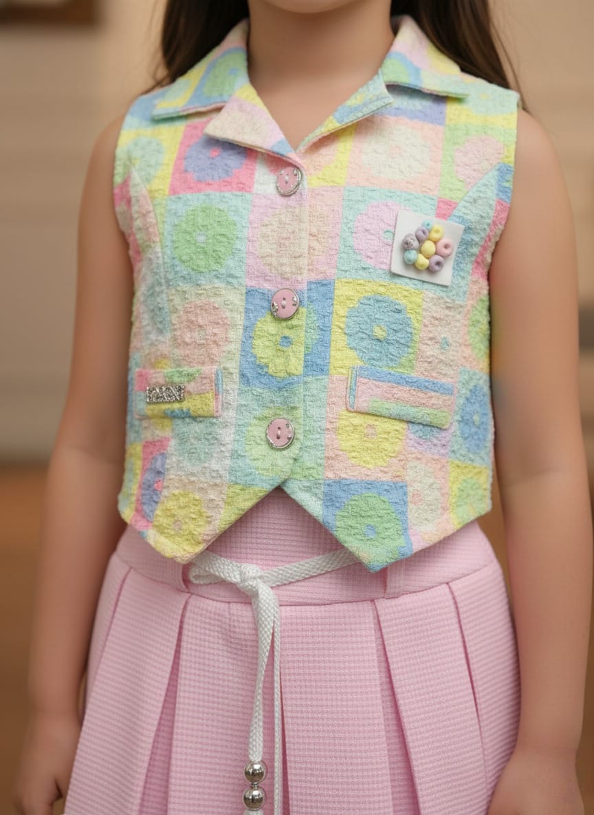 Girls' Designer Maroon Shorts and White Patterned Vest Set