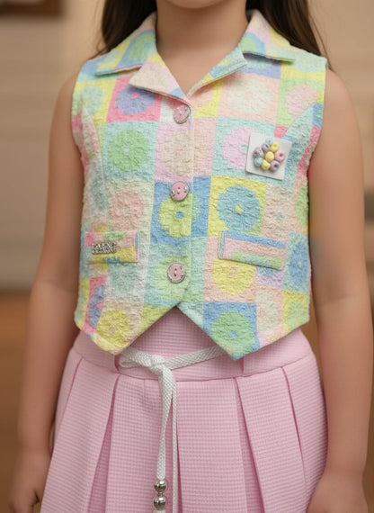 Girls' Designer Maroon Shorts and White Patterned Vest Set