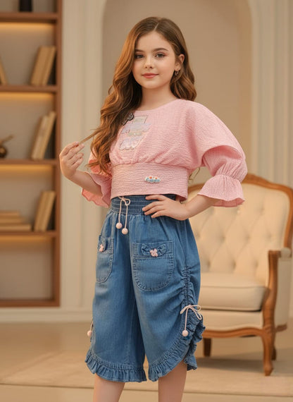 Puff-Sleeve Popcorn Top & Ruffled Capri Set