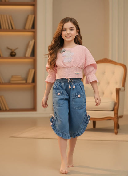 Puff-Sleeve Popcorn Top & Ruffled Capri Set