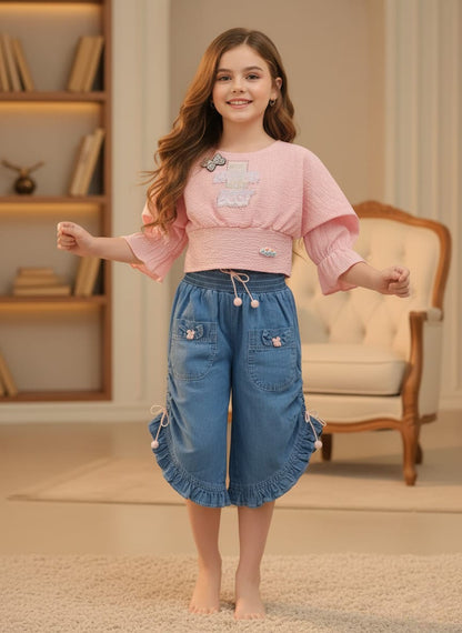 Puff-Sleeve Popcorn Top & Ruffled Capri Set