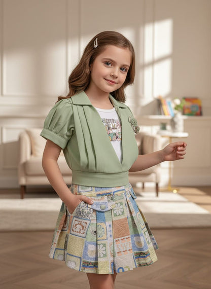 Girls Green Patchwork Skirt Outfit