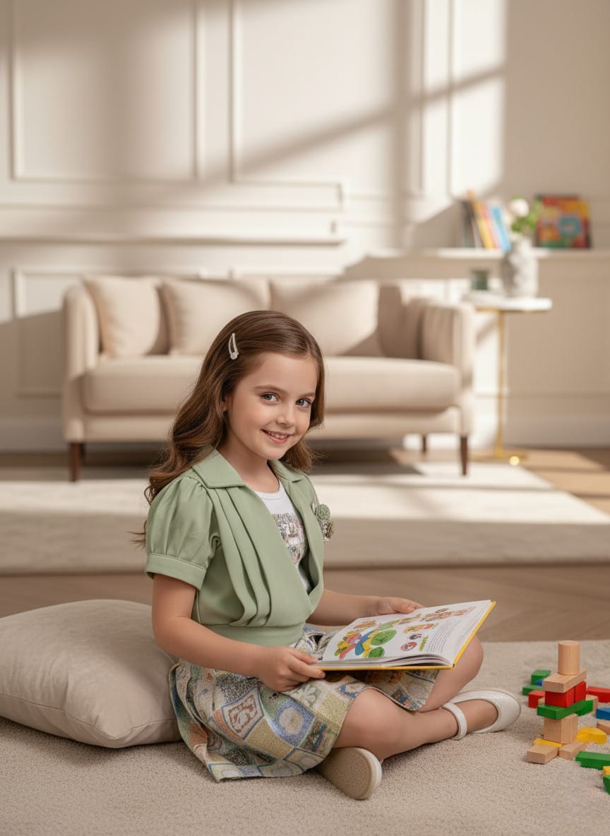 Girls Green Patchwork Skirt Outfit